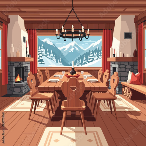Cozy rustic dining room with large windows showcasing snowy mountain landscape and mountain views