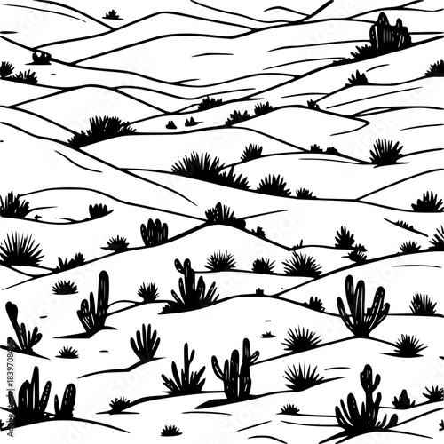 Flat vector micro desert with tiny cactus and miniature dunes, warm palette, simple shapes, stock-safe graphic.