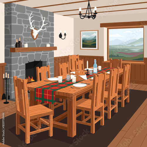 Cozy rustic dining room with wooden furniture and mountain landscape view