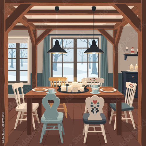Cozy rustic dining room with wooden beams and large windows showcasing a winter landscape