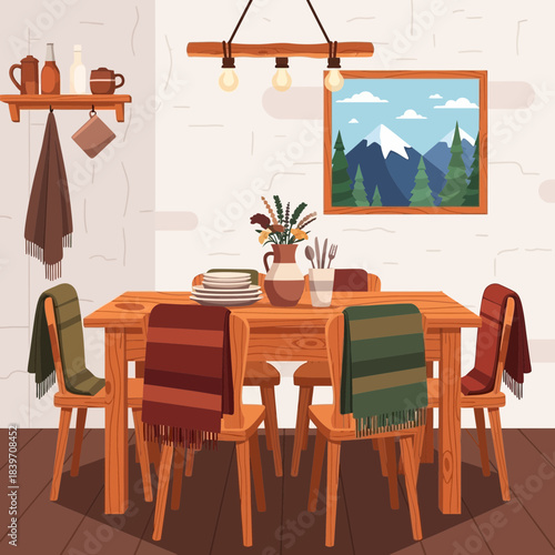 cozy rustic dining room with wooden table and mountain landscape wall art