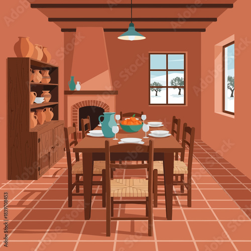 Cozy rustic dining room with wooden furniture and warm sunlight streaming through the windows
