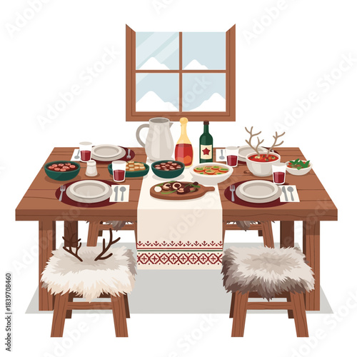Cozy rustic dining scene with a wooden table set for a homemade meal in front of a window
