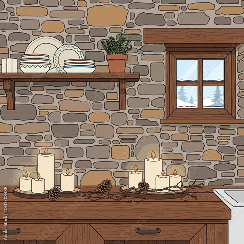 Cozy rustic kitchen interior with candles and decorative stones against stone wall