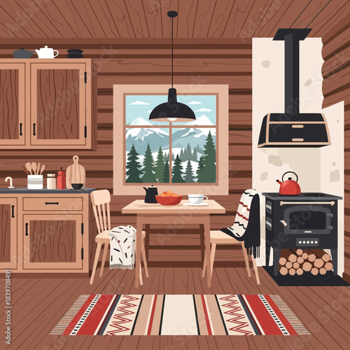 Cozy rustic kitchen interior with wooden cabinets and a wood stove overlooking a snowy forest