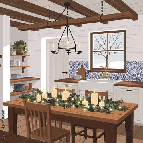 Cozy rustic kitchen decorated for Christmas with candles and greenery creating warm holiday
