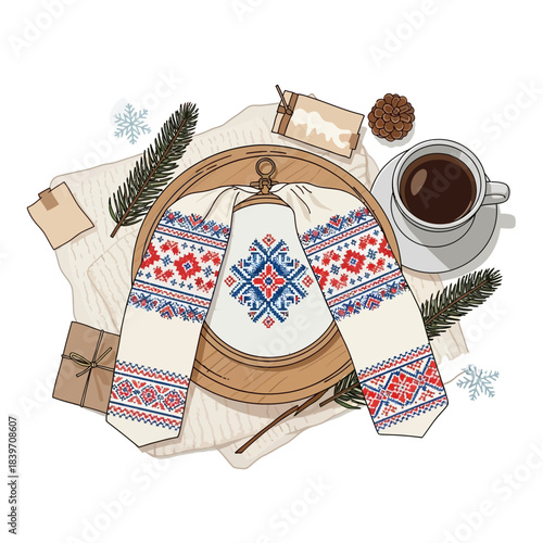 Cozy winter knitting scene with completed sweater, hot drink and holiday decorations