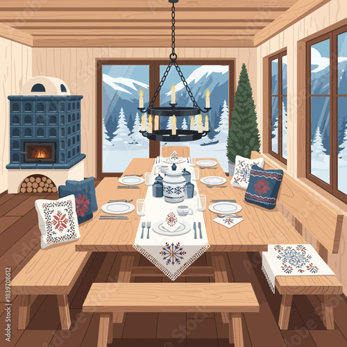 Cozy winter lodge dining room with rustic wooden furniture and scenic mountain views through large