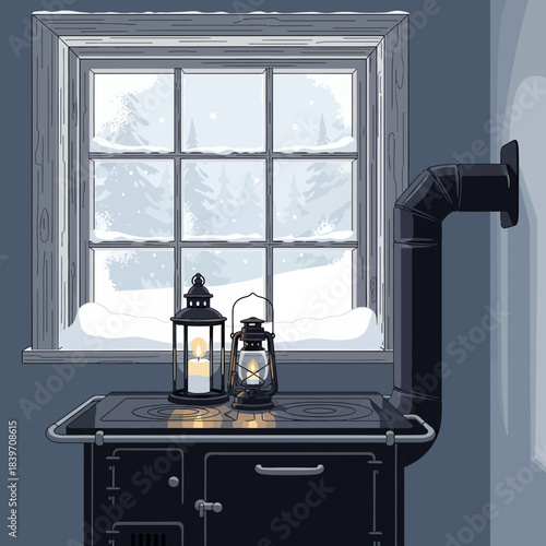 Cozy winter scene viewed through a frosty window with snow-covered ledge and lanterns