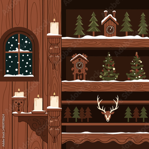 Cozy winter scene with candles, pine trees, and festive decorations in a wooden room