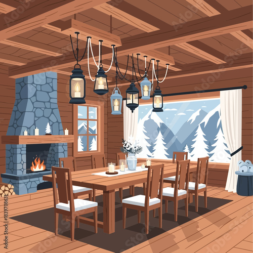 Cozy wooden interior dining room with large window overlooking snowy mountain landscape