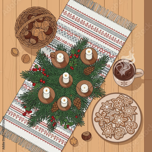 Festive Christmas table setting with candles and decorated cookies on a wooden surface