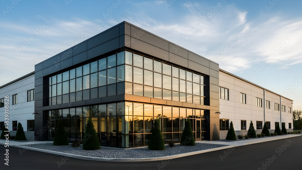 Obraz premium Modern glass office building exterior architecture in the city at sunset