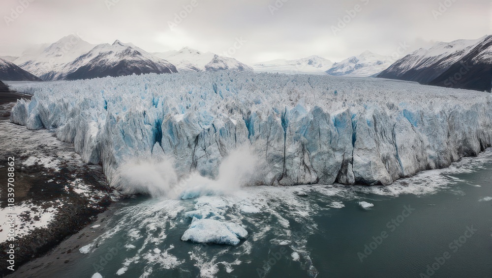 Obraz premium Massive Glacier Calving into Icy Lake with Snow-Capped Mountains in Background.