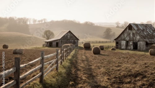 Rustic Barns and Hay Bales in a Misty Rural Landscape at Sunrise.