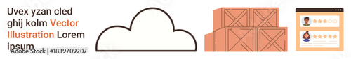 Cloud storage, logistics management, online reviews, e-commerce, customer feedback, digital services. A cloud, stacked boxes and a customer review interface. Cloud storage and logistics management