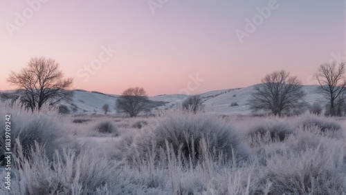 Frosty winter landscape at sunrise with soft pink sky and silhouetted trees.