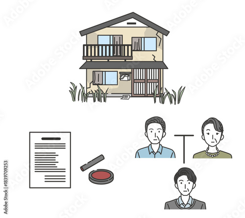 空き家の相続手続きと家系図のイラスト
