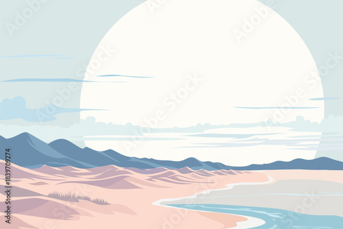 Pastel coastal landscape with pink sand dunes, blue mountains and calm sea under giant rising sun, modern flat vector illustration of dreamy beach scenery, serenity and summer travel concept.