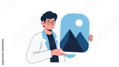 Doctor Scientist Man Wearing Lab Coat Holding Picture Frame With Mountain Landscape Image Blue Sky White Cloud Illustration