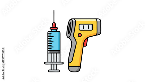 Digital Infrared Thermometer And Medical Syringe With Blue Liquid Against Black Background Vector Illustration Minimalist Style