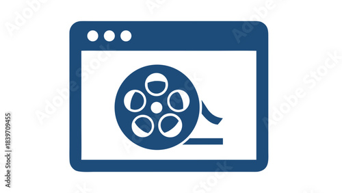 Digital interface displaying a classic film reel symbol representing media or video playback technology against a stark black background