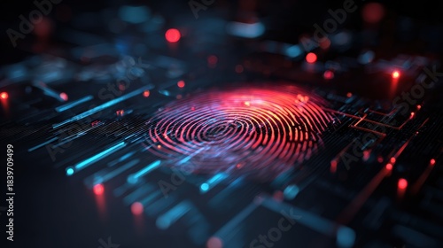 A futuristic digital representation of a fingerprint surrounded by glowing circuits and lights, symbolizing technology and security.