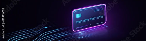 A digital credit card design with glowing edges, set against a dark background, suggesting speed and modern technology.