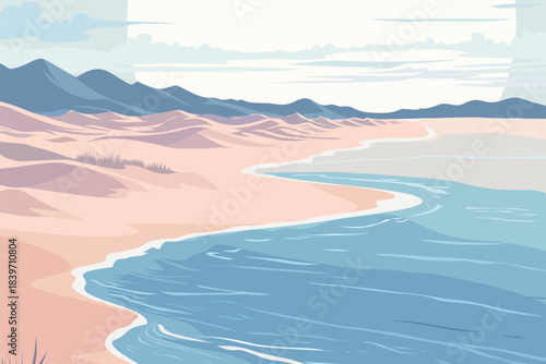 Pastel beach landscape with pink sand, blue sea and distant mountains under soft cloudy sky, modern flat vector illustration of calm coastal scenery, summer vacation and relaxation concept.