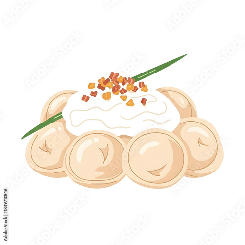 Hand drawn illustration of a pile of dumplings topped with sour cream, bacon bits and chives. Perfect for illustrating a recipe, menu, cookbook or for use as a restaurant image.