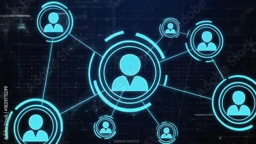 Abstract network connects glowing human icons on dark digital background. Data flow links