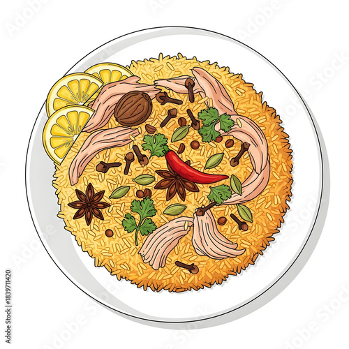 Handdrawn illustration of delicious chicken biryani served on a white plate. The illustration includes rice, chicken pieces, lemon slices, herbs and spices, presented from a top view perspective.