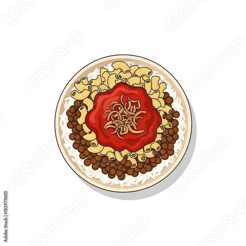 Illustration of Koshari, an Egyptian street food dish with rice, macaroni, lentils, and tomato sauce, served on a plate.