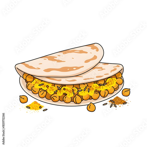 A vibrant and detailed illustration of a chickpea wrap, isolated on a white background. Perfect for menus, food blogs, and culinary designs.