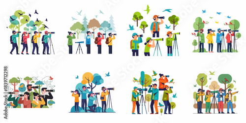Collection of flat vector illustrations showing diverse people birdwatching and observing wildlife in natural parks and forests using optical equipment.