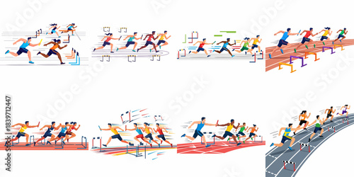 Dynamic vector set of athletes performing in track and field events, including hurdle races and relay baton passing, illustrating teamwork and competition.