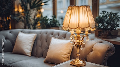 Ornate table lamp with crystal accents illuminates a plush sofa.
