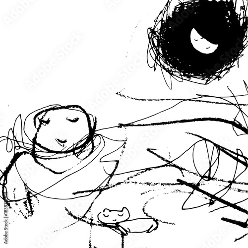 Minimalist line art of a person and a cat sleeping peacefully under the moonlight