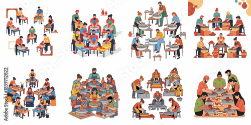 Collection of flat vector illustrations depicting diverse groups of people making ceramics and learning pottery wheel throwing in art studio classes.