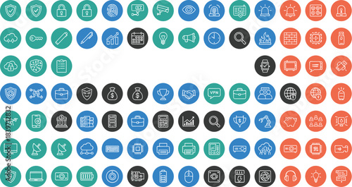 Colorful business and technology icon set, security finance communication marketing data analytics UI symbols, flat circular vector illustration, collection design