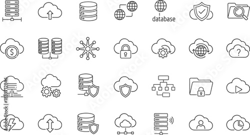 Cloud computing icons set, data storage, database security, network infrastructure, cloud services, hosting, servers, technology illustration, line style vector