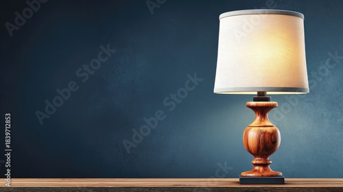 Illuminated wooden table lamp glows on a dark blue wall backdrop.