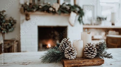 Cozy rustic Christmas centerpiece with candles and pinecones.
