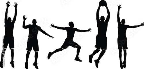 Basketball player silhouettes jumping and shooting isolated on white background, dynamic sports action poses set for design advertising branding illustration