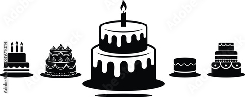 Birthday cake illustration, black and white dessert, stylized party cakes, graphic design elements, celebration sweets, tiered icing, candle decoration, monochrome
