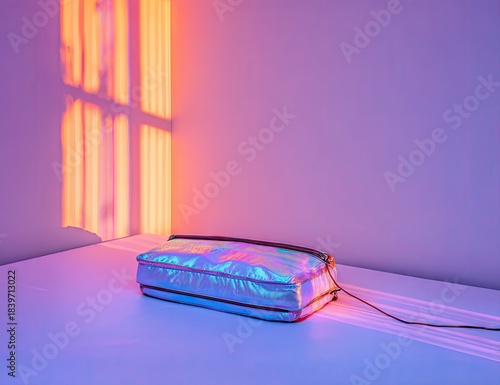 Iridescent bag on a surface lit by colorful lights.