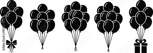 Black balloons cluster decoration, party celebration concept, gift box with bow, festive arrangement, elegant design, event planning inspiration, stylish decor