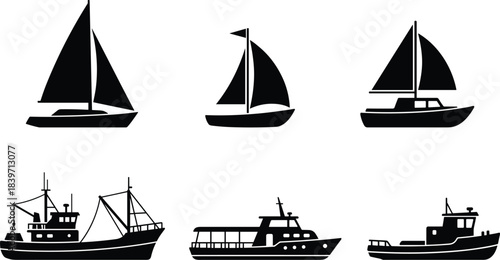 Boat silhouettes, sailboat icons, motorboat shapes, nautical vector, marine transport, fishing trawler, yacht graphic, tugboat illustration, black design, isolated set