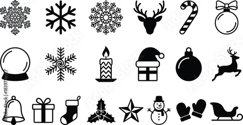 Christmas icons, holiday symbols, festive decorations, winter elements, snowflakes, reindeer, ornaments, gifts, mittens, sleigh, stocking, snowman, bell, star, holly, candy cane