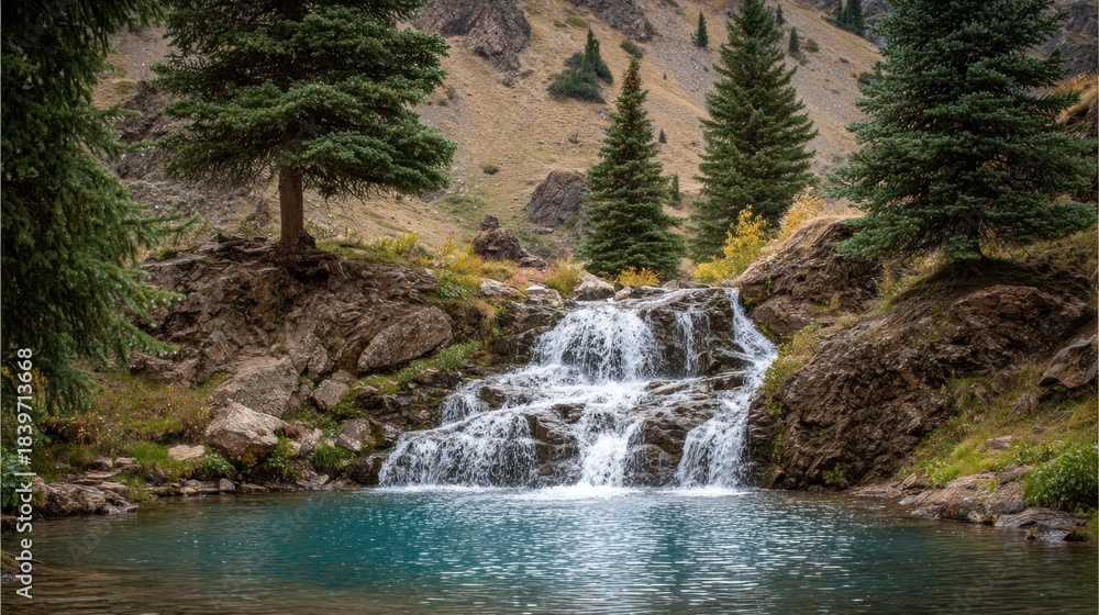 Fototapeta premium Cascading water tumbles over rugged rocks into a clear blue mountain pool surrounded by evergreen trees and dry slopes
